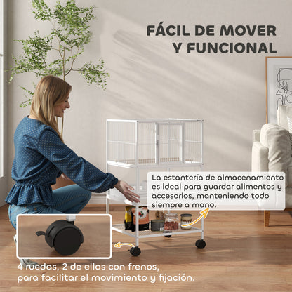 Bird Cage Large Birdcage with Wheels Acrylic Panels Feeders Perches Shelf Removable Trays Birdhouse for Parrots Canaries 48x46x83 cm White