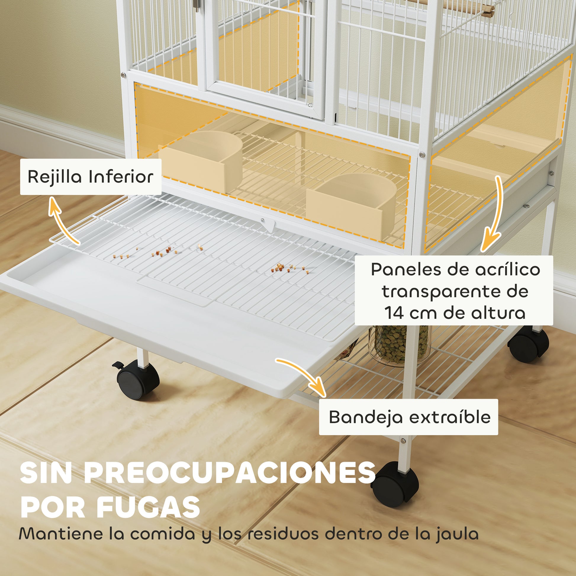 Bird Cage Large Birdcage with Wheels Acrylic Panels Feeders Perches Shelf Removable Trays Birdhouse for Parrots Canaries 48x46x83 cm White