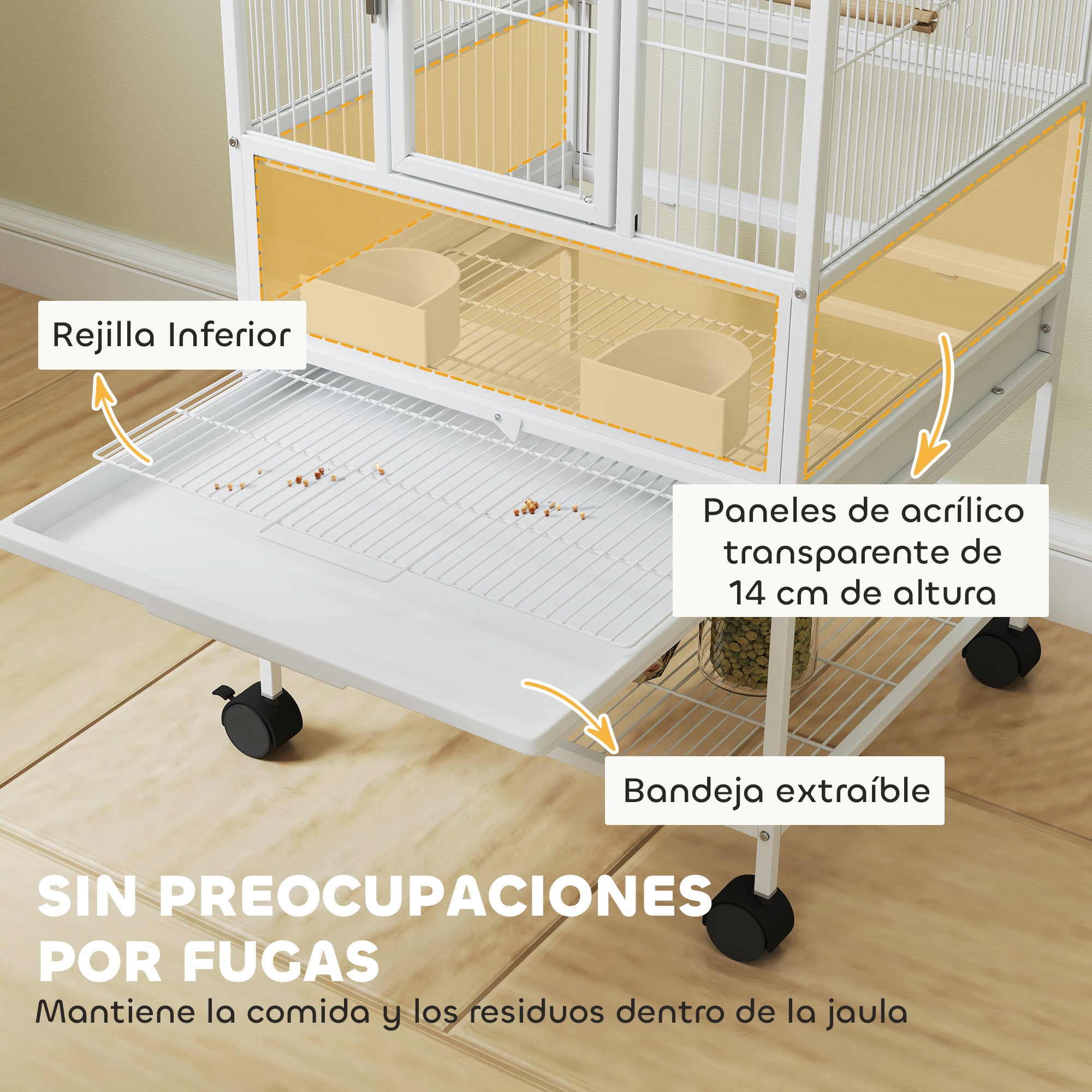 Bird Cage Large Birdcage with Wheels Acrylic Panels Feeders Perches Shelf Removable Trays Birdhouse for Parrots Canaries 48x46x83 cm White