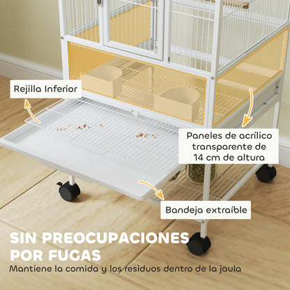 Bird Cage Large Birdcage with Wheels Acrylic Panels Feeders Perches Shelf Removable Trays Birdhouse for Parrots Canaries 48x46x83 cm White