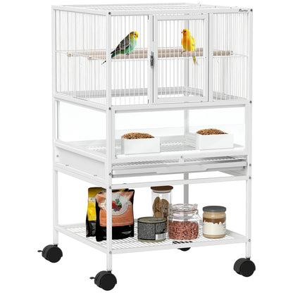 Bird Cage Large Birdcage with Wheels Acrylic Panels Feeders Perches Shelf Removable Trays Birdhouse for Parrots Canaries 48x46x83 cm White