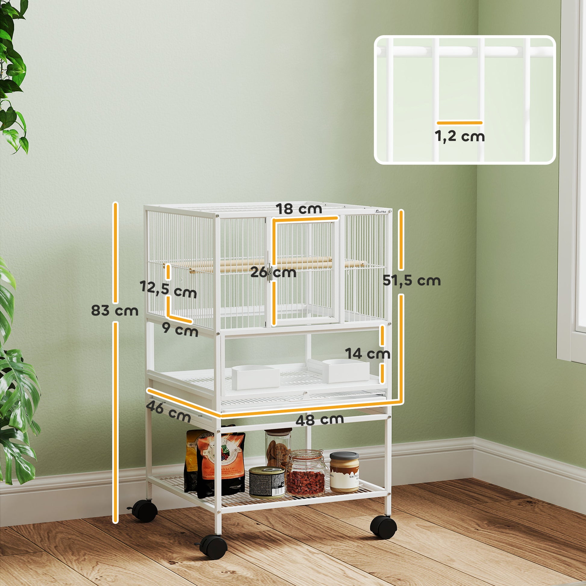 Bird Cage Large Birdcage with Wheels Acrylic Panels Feeders Perches Shelf Removable Trays Birdhouse for Parrots Canaries 48x46x83 cm White