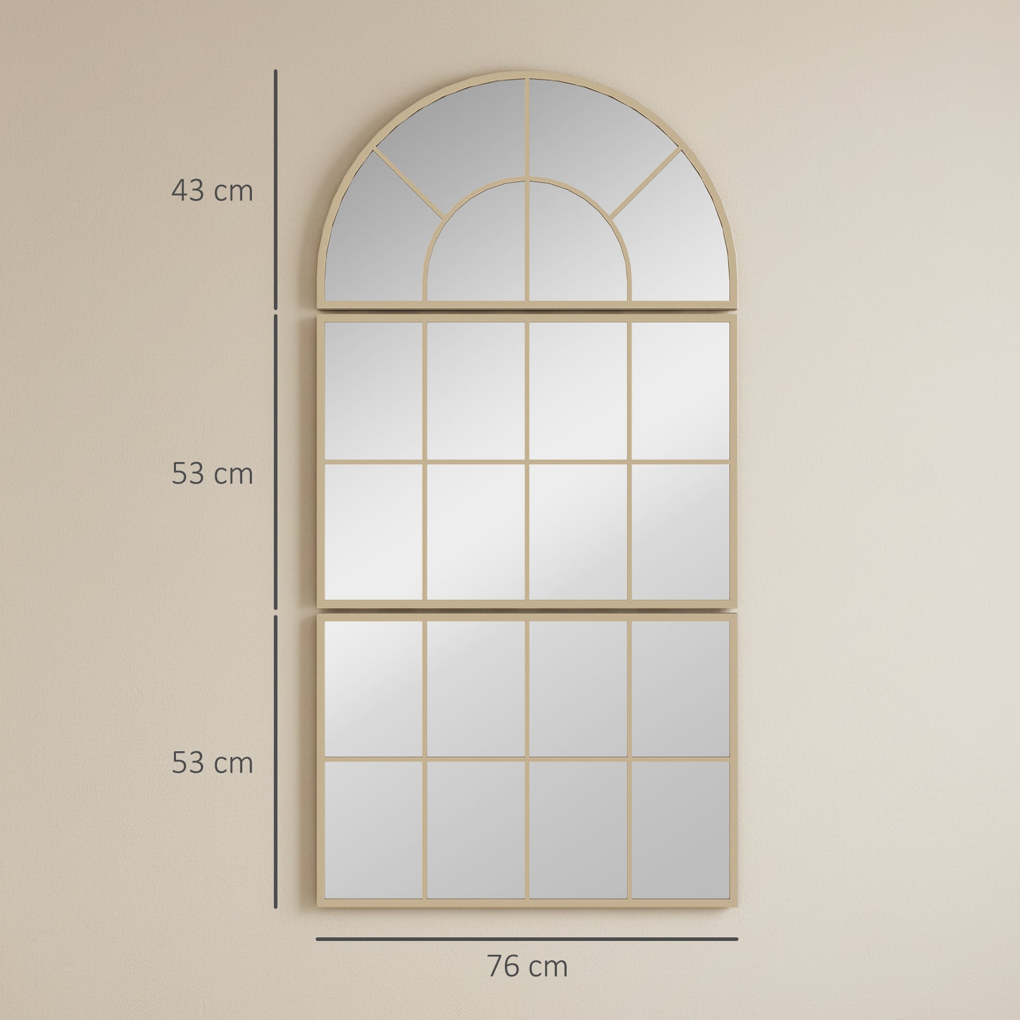 3-Piece Arched Window Wall Mirror, Gold Metal Frame — 30 x 59 in (76 x 150 cm)