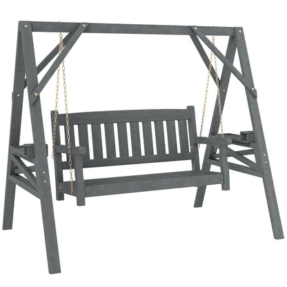 2-Seater Garden Swing — Wooden Bench with Side Tables, Cup Holders & Metal Chains, Gray