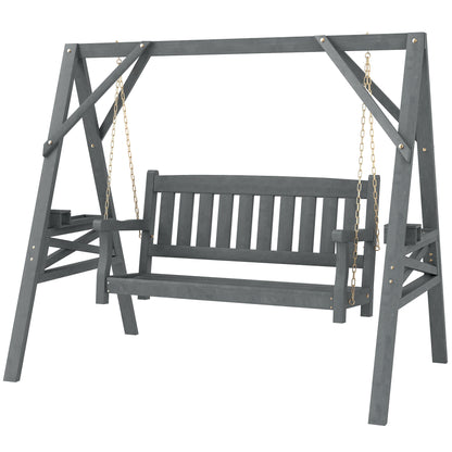 2-Seater Garden Swing — Wooden Bench with Side Tables, Cup Holders & Metal Chains, Gray