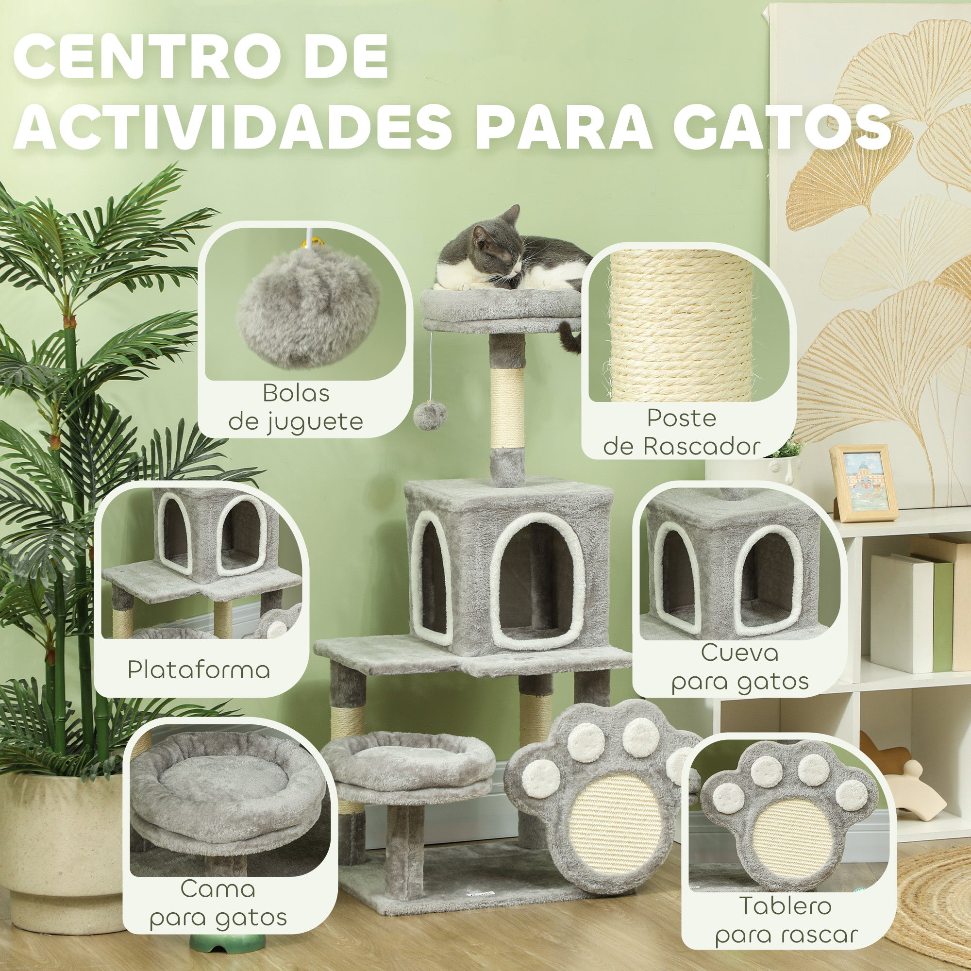 Cat Scratching Tree 110 cm Cat Tree Tower with Nests Cave Platform Scratching Mat Hanging Ball Light Gray