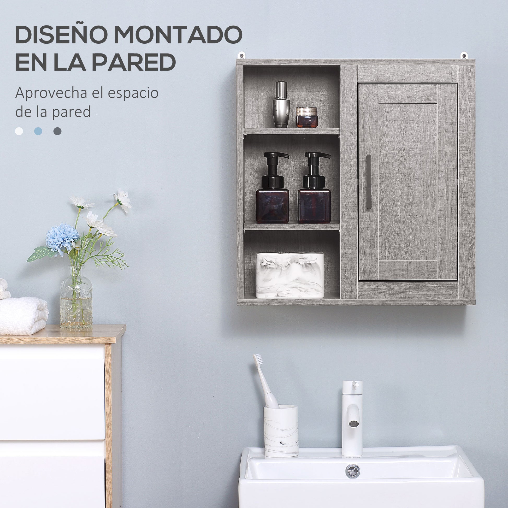 Wall-Mounted Bathroom Cabinet with 3 Adjustable Open Shelves and 1 Door Suspended Auxiliary Furniture for Living Room Bathroom Bedroom Modern Style 48x20x50 cm Gray