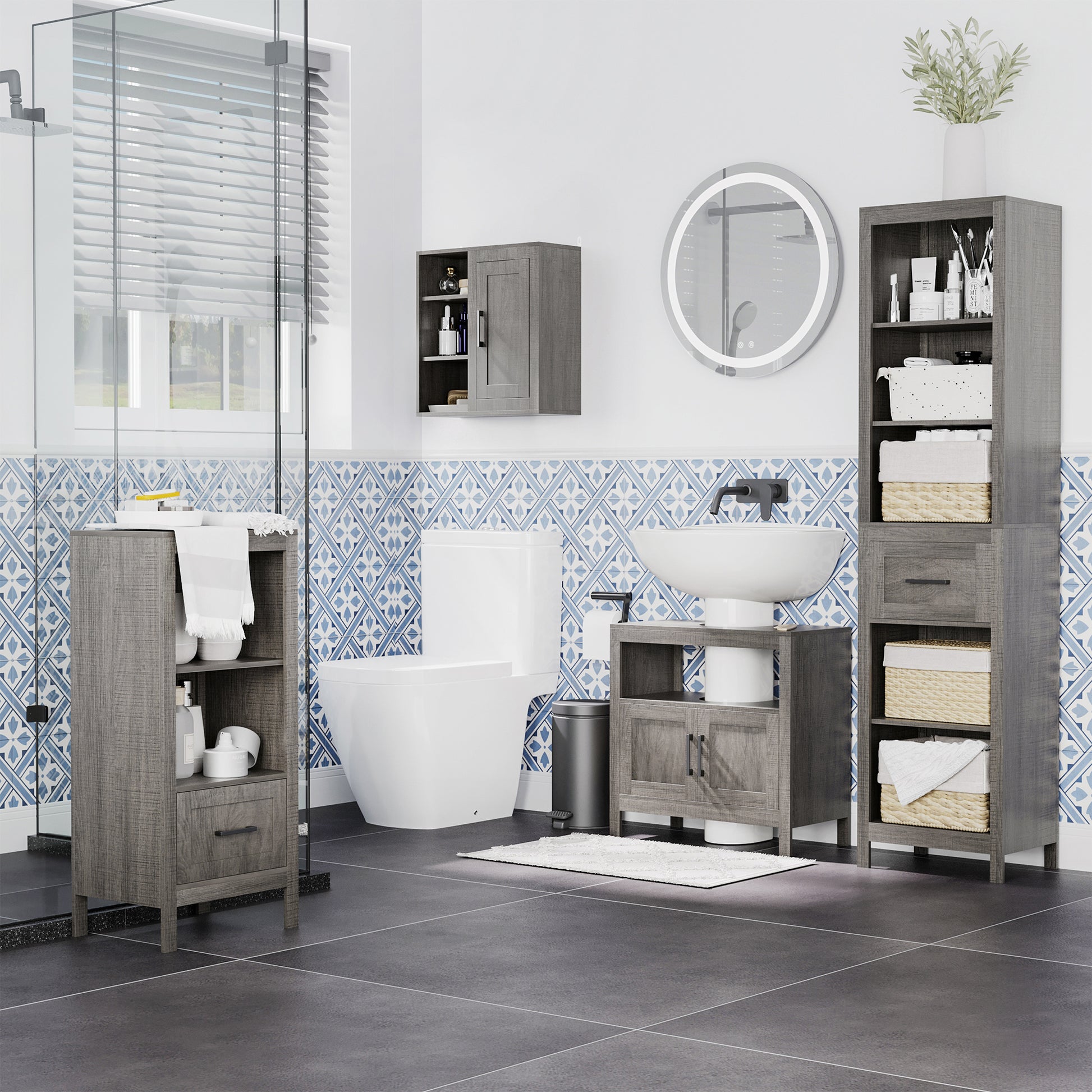 Wall-Mounted Bathroom Cabinet with 3 Adjustable Open Shelves and 1 Door Suspended Auxiliary Furniture for Living Room Bathroom Bedroom Modern Style 48x20x50 cm Gray