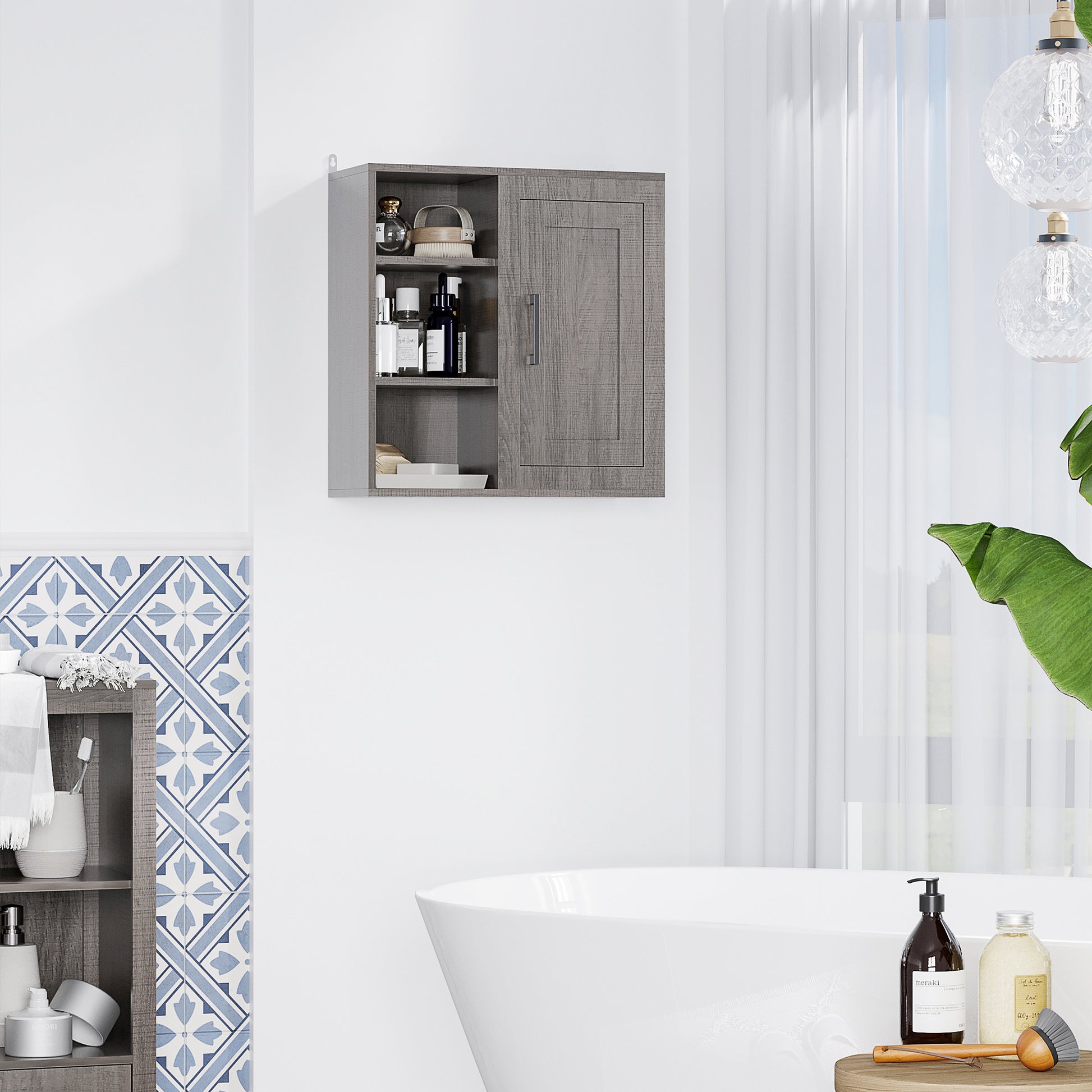 Wall-Mounted Bathroom Cabinet with 3 Adjustable Open Shelves and 1 Door Suspended Auxiliary Furniture for Living Room Bathroom Bedroom Modern Style 48x20x50 cm Gray