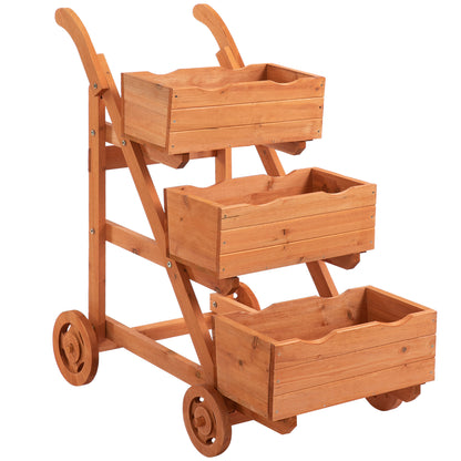 Vertical 3-Tier Balcony Planter, Wooden Outdoor Plant Stand with Drainage Hole and 4 Wheels, 48 x 82 x 89.5cm