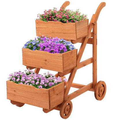Vertical 3-Tier Balcony Planter, Wooden Outdoor Plant Stand with Drainage Hole and 4 Wheels, 48 x 82 x 89.5cm