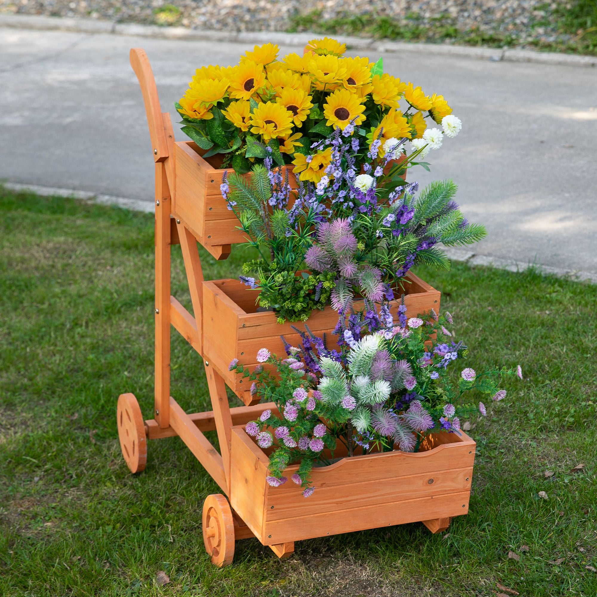 Vertical 3-Tier Balcony Planter, Wooden Outdoor Plant Stand with Drainage Hole and 4 Wheels, 48 x 82 x 89.5cm