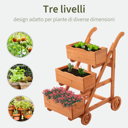 Vertical 3-Tier Balcony Planter, Wooden Outdoor Plant Stand with Drainage Hole and 4 Wheels, 48 x 82 x 89.5cm