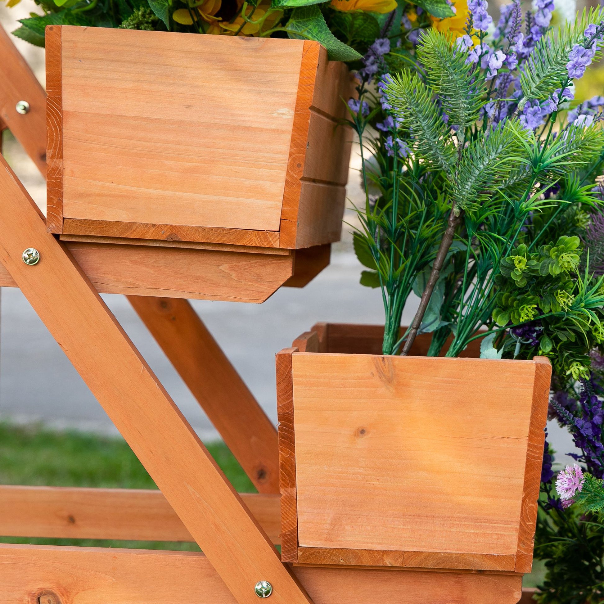 Vertical 3-Tier Balcony Planter, Wooden Outdoor Plant Stand with Drainage Hole and 4 Wheels, 48 x 82 x 89.5cm