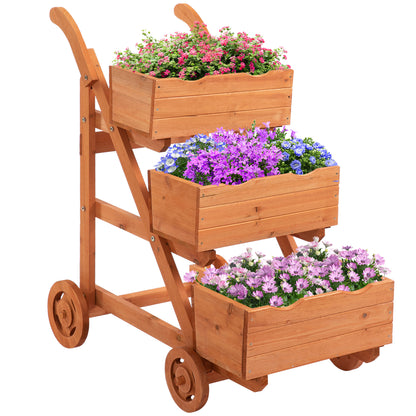 Vertical 3-Tier Balcony Planter, Wooden Outdoor Plant Stand with Drainage Hole and 4 Wheels, 48 x 82 x 89.5cm