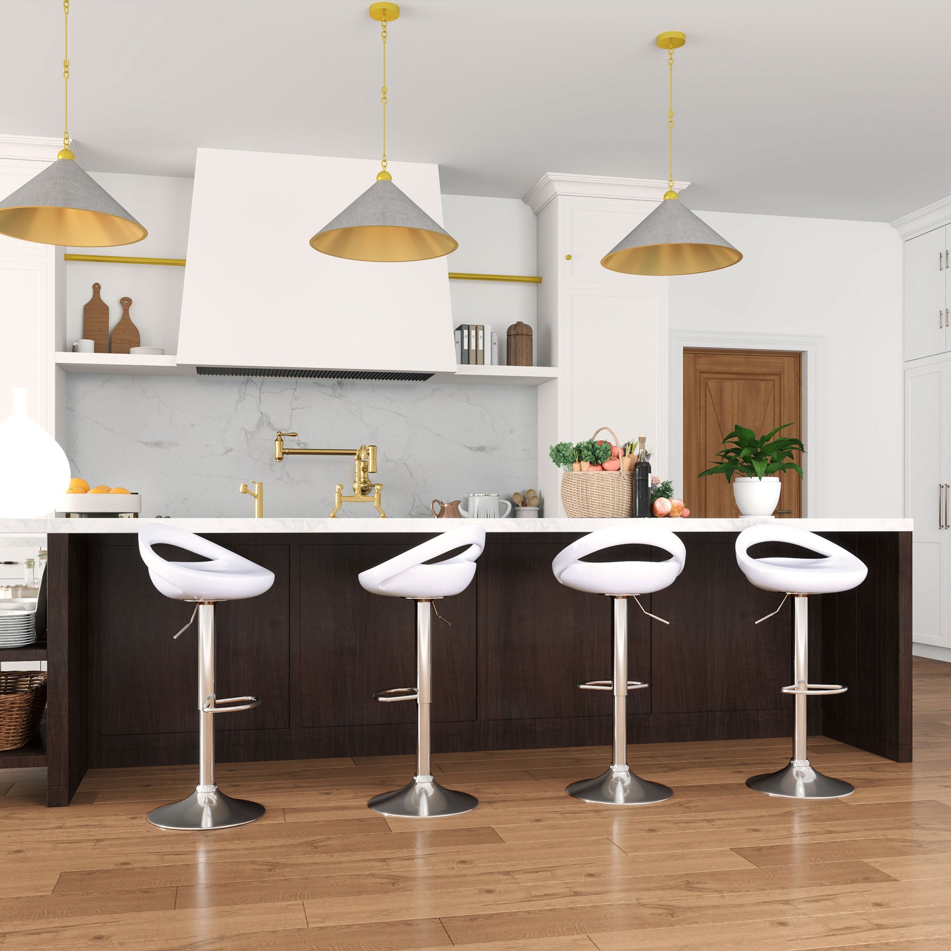 Set of 2 High Bar Stools, 360° Swivel Stools, with Backrest and Footrest, Adjustable Height, Steel Base, for Dining Room and Kitchen, 46x41x76-96cm, White