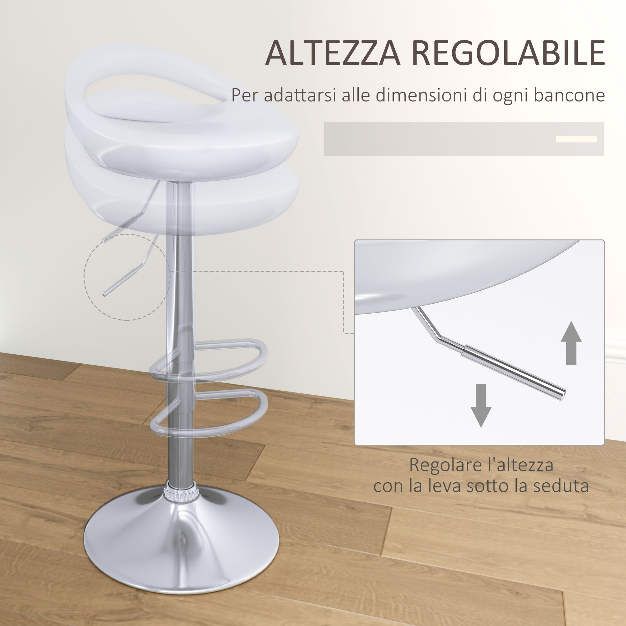 Set of 2 High Bar Stools, 360° Swivel Stools, with Backrest and Footrest, Adjustable Height, Steel Base, for Dining Room and Kitchen, 46x41x76-96cm, White