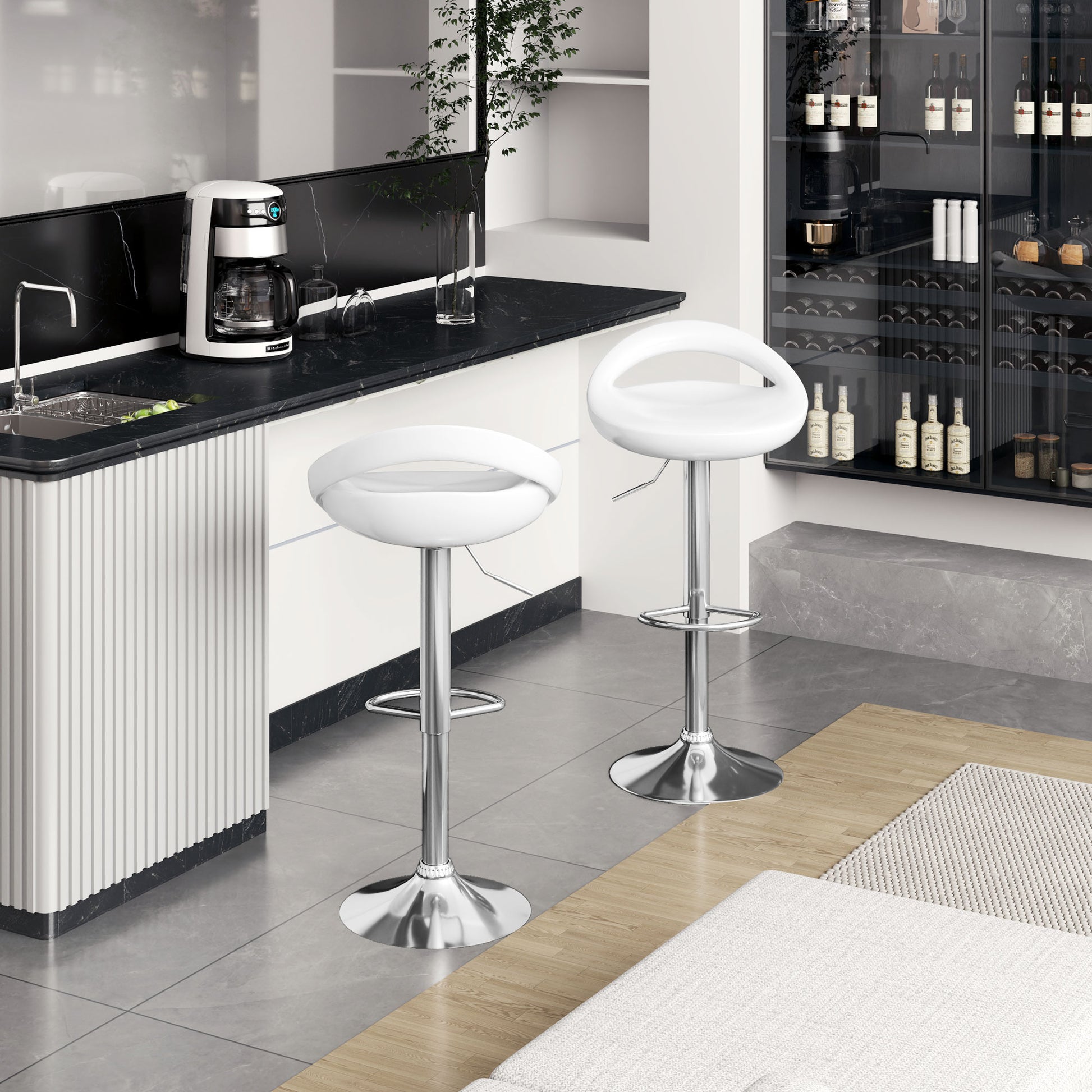 Set of 2 High Bar Stools, 360° Swivel Stools, with Backrest and Footrest, Adjustable Height, Steel Base, for Dining Room and Kitchen, 46x41x76-96cm, White