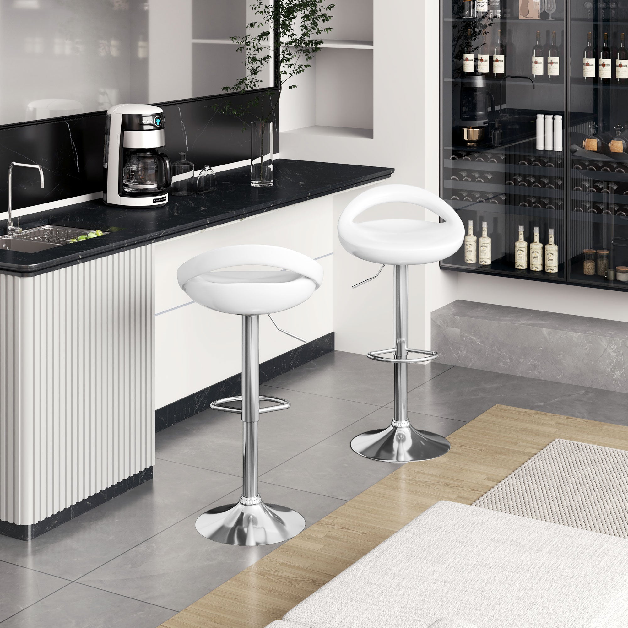 Set of 2 High Bar Stools, 360° Swivel Stools, with Backrest and Footrest, Adjustable Height, Steel Base, for Dining Room and Kitchen, 46x41x76-96cm, White