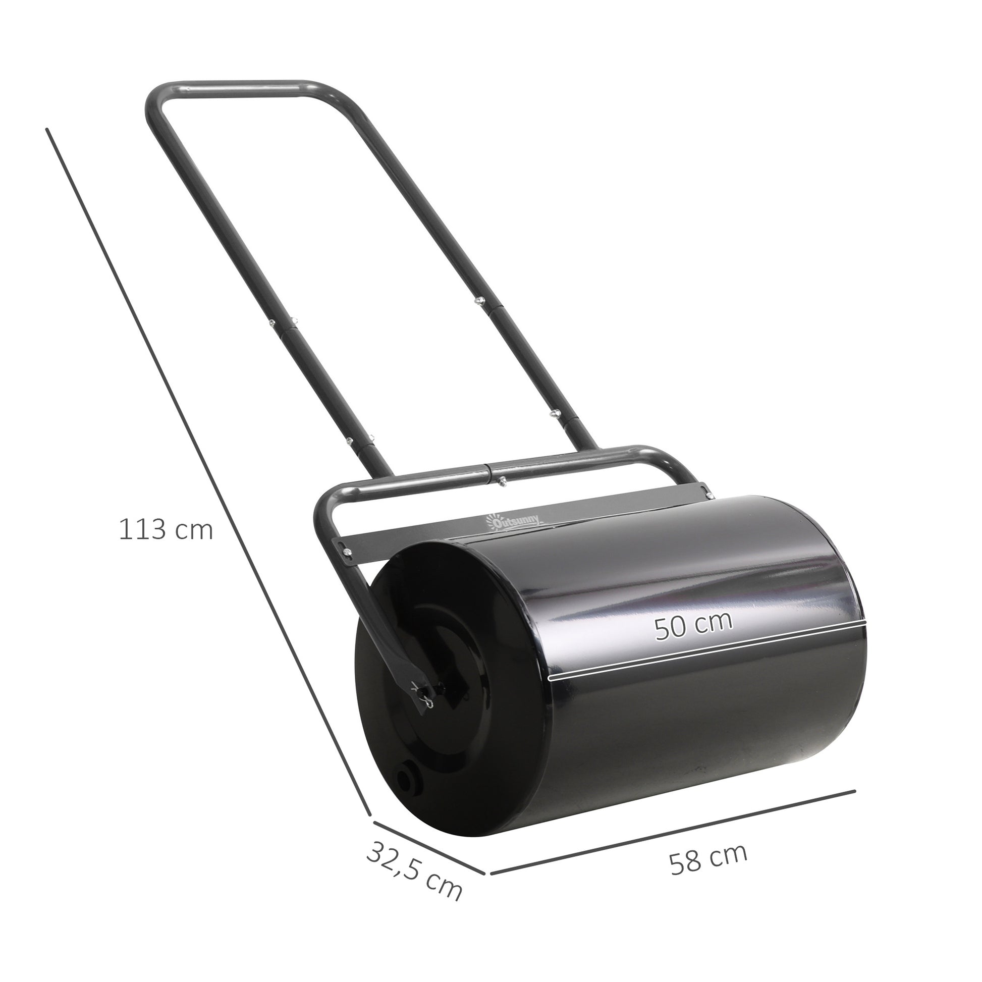 Lawn Roller with U-Handle, Garden Roller, Garden Roll, 32 cm Diameter, 38 L Water/62 kg Sand, Metal, Black, 58 x 32.5 x 113 cm