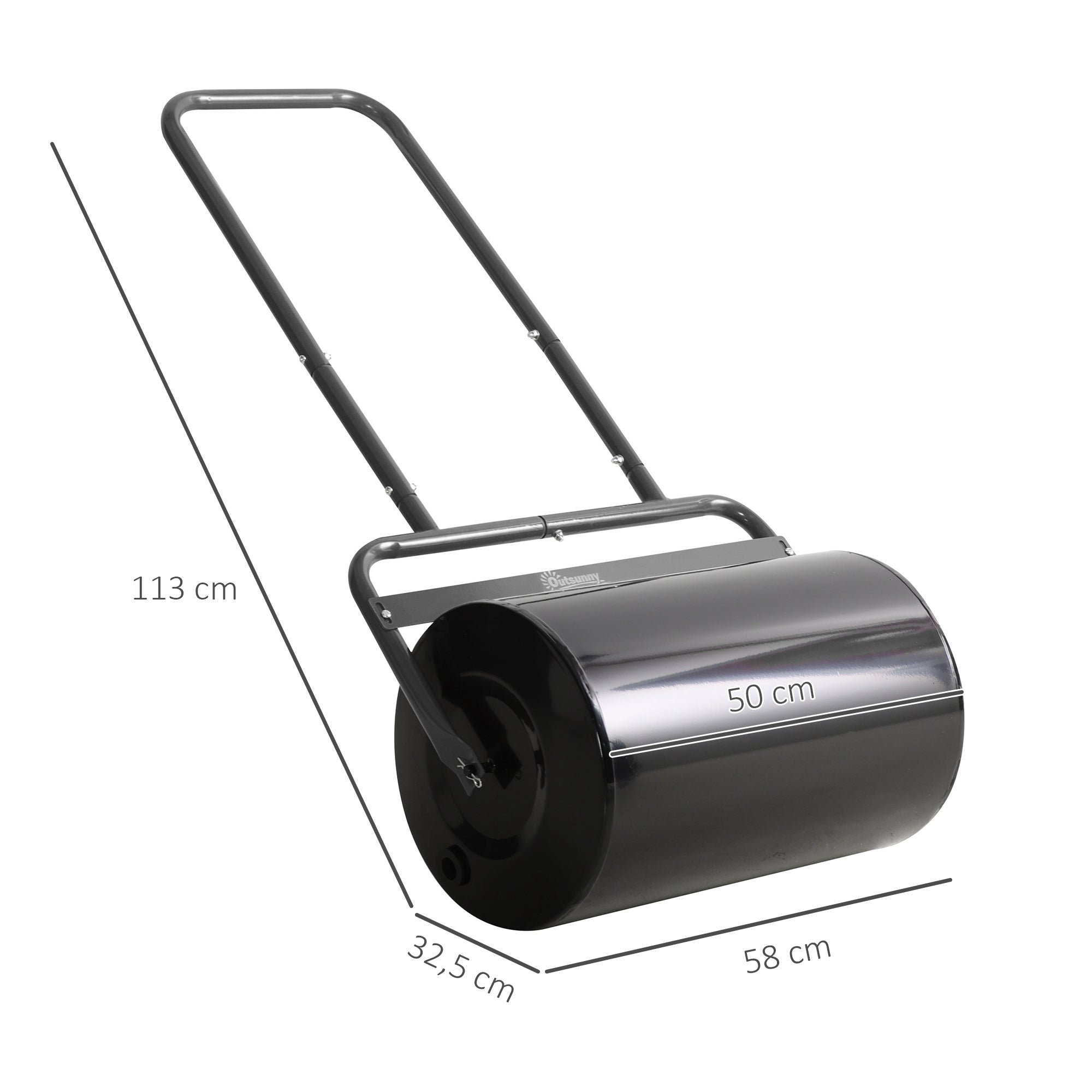 Lawn Roller with U-Handle, Garden Roller, Garden Roll, 32 cm Diameter, 38 L Water/62 kg Sand, Metal, Black, 58 x 32.5 x 113 cm