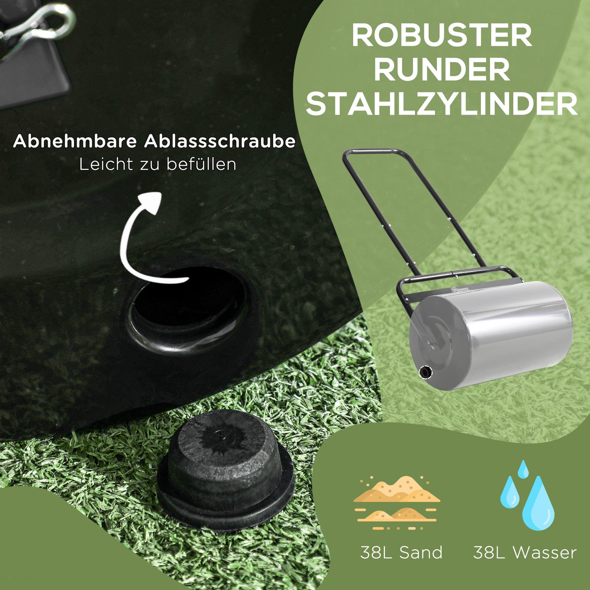 Lawn Roller with U-Handle, Garden Roller, Garden Roll, 32 cm Diameter, 38 L Water/62 kg Sand, Metal, Black, 58 x 32.5 x 113 cm