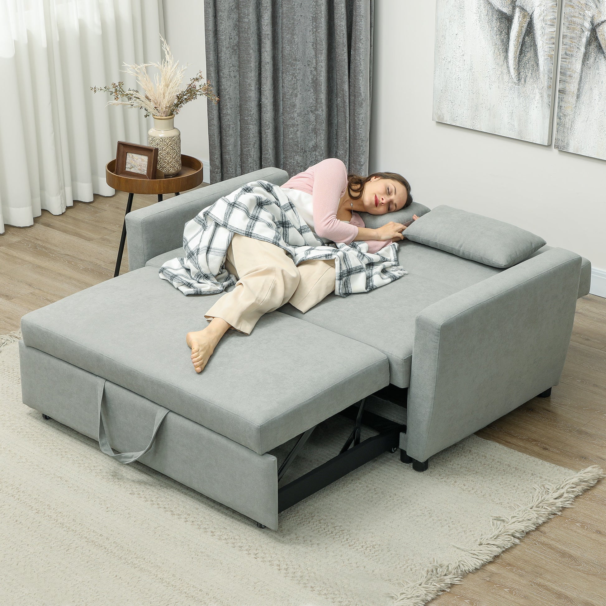 Sofa Bed, 2-Seater Sofa with Sleeping Function, Adjustable Backrest, Couch with Pillows, Velvet Look, Sleeper Sofa for Living Room, Guest Room, Light Grey
