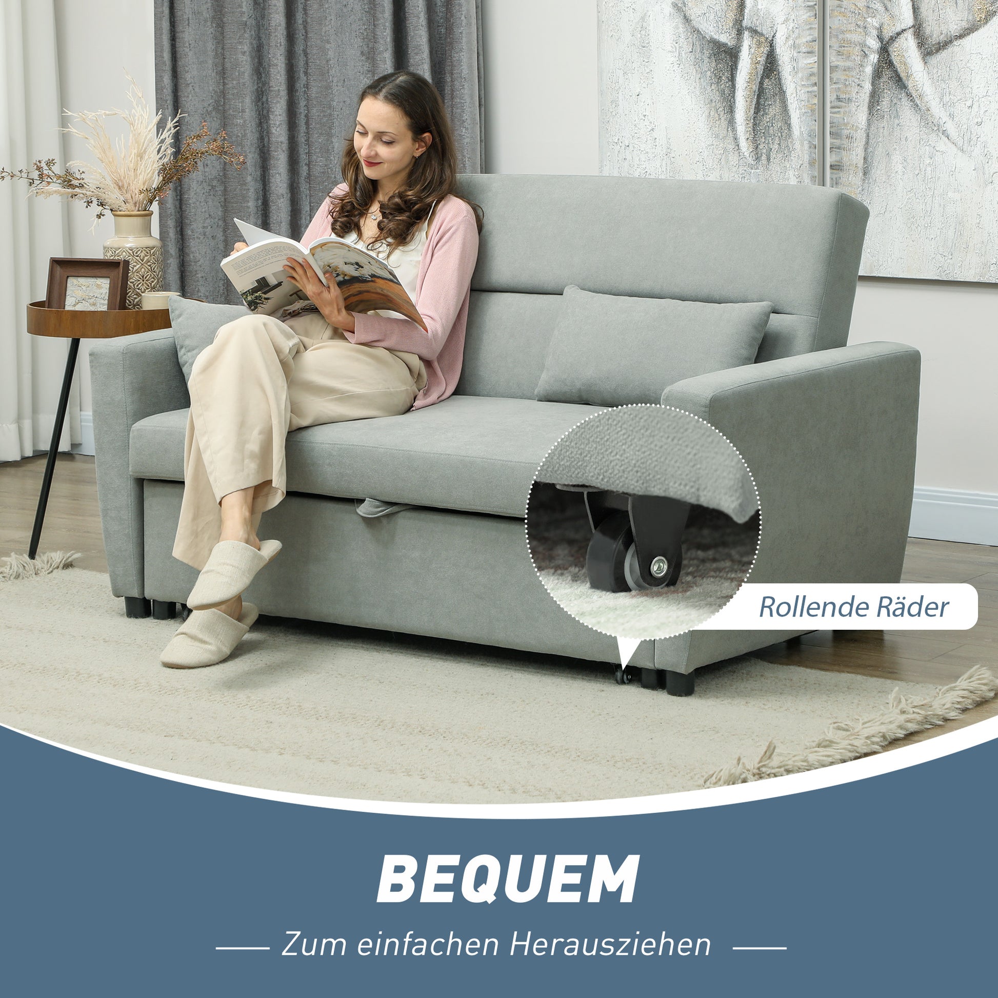 Sofa Bed, 2-Seater Sofa with Sleeping Function, Adjustable Backrest, Couch with Pillows, Velvet Look, Sleeper Sofa for Living Room, Guest Room, Light Grey