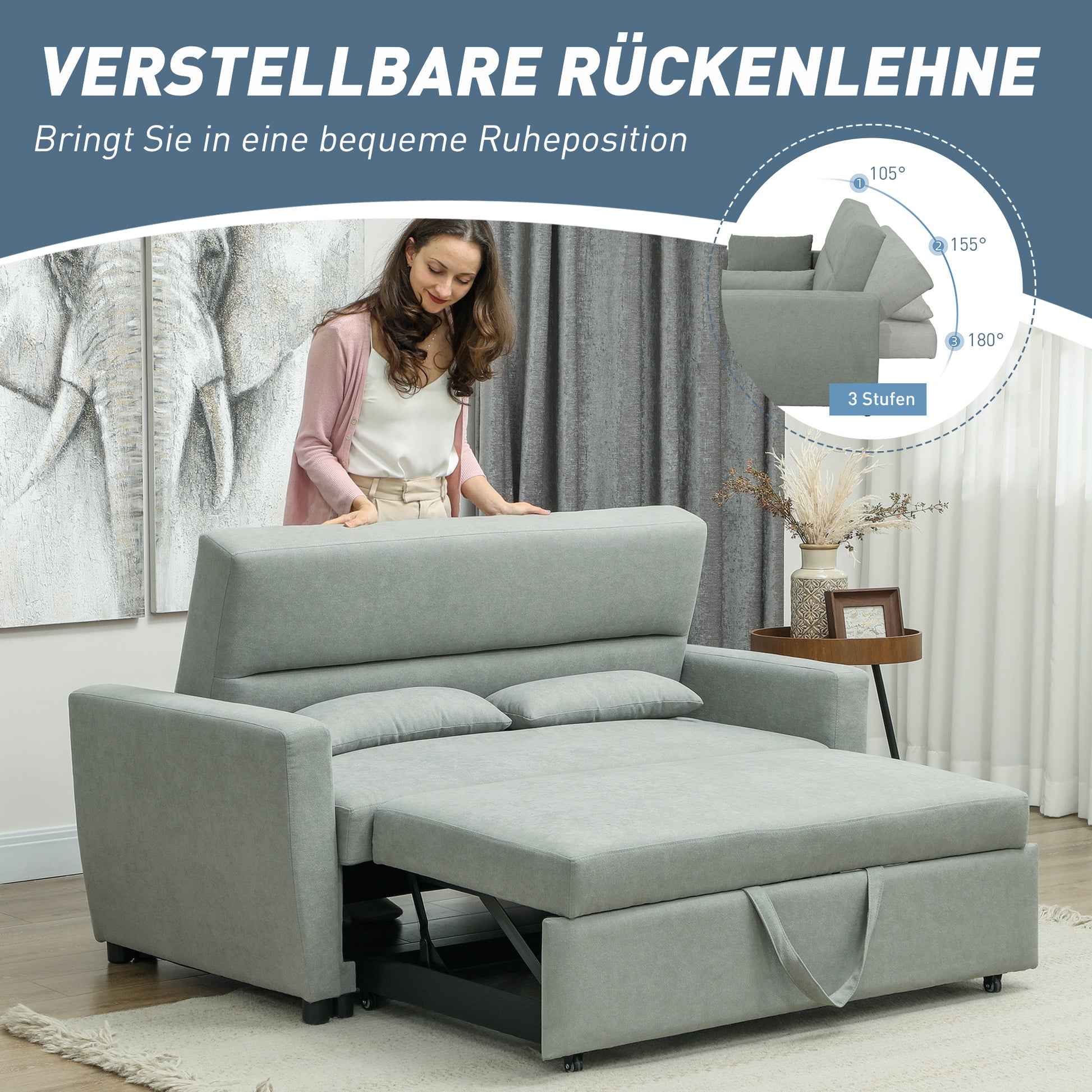 Sofa Bed, 2-Seater Sofa with Sleeping Function, Adjustable Backrest, Couch with Pillows, Velvet Look, Sleeper Sofa for Living Room, Guest Room, Light Grey
