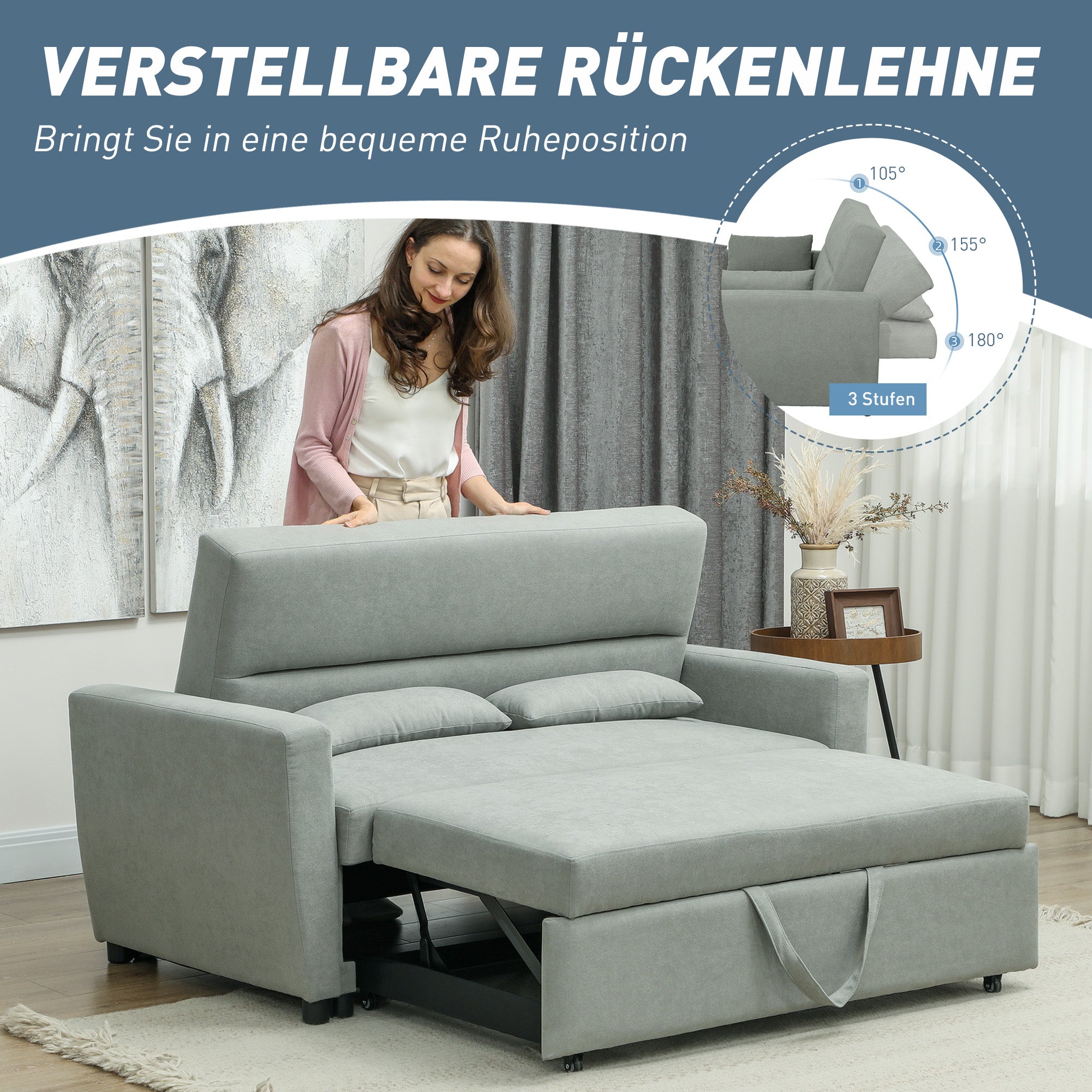 Sofa Bed, 2-Seater Sofa with Sleeping Function, Adjustable Backrest, Couch with Pillows, Velvet Look, Sleeper Sofa for Living Room, Guest Room, Light Grey
