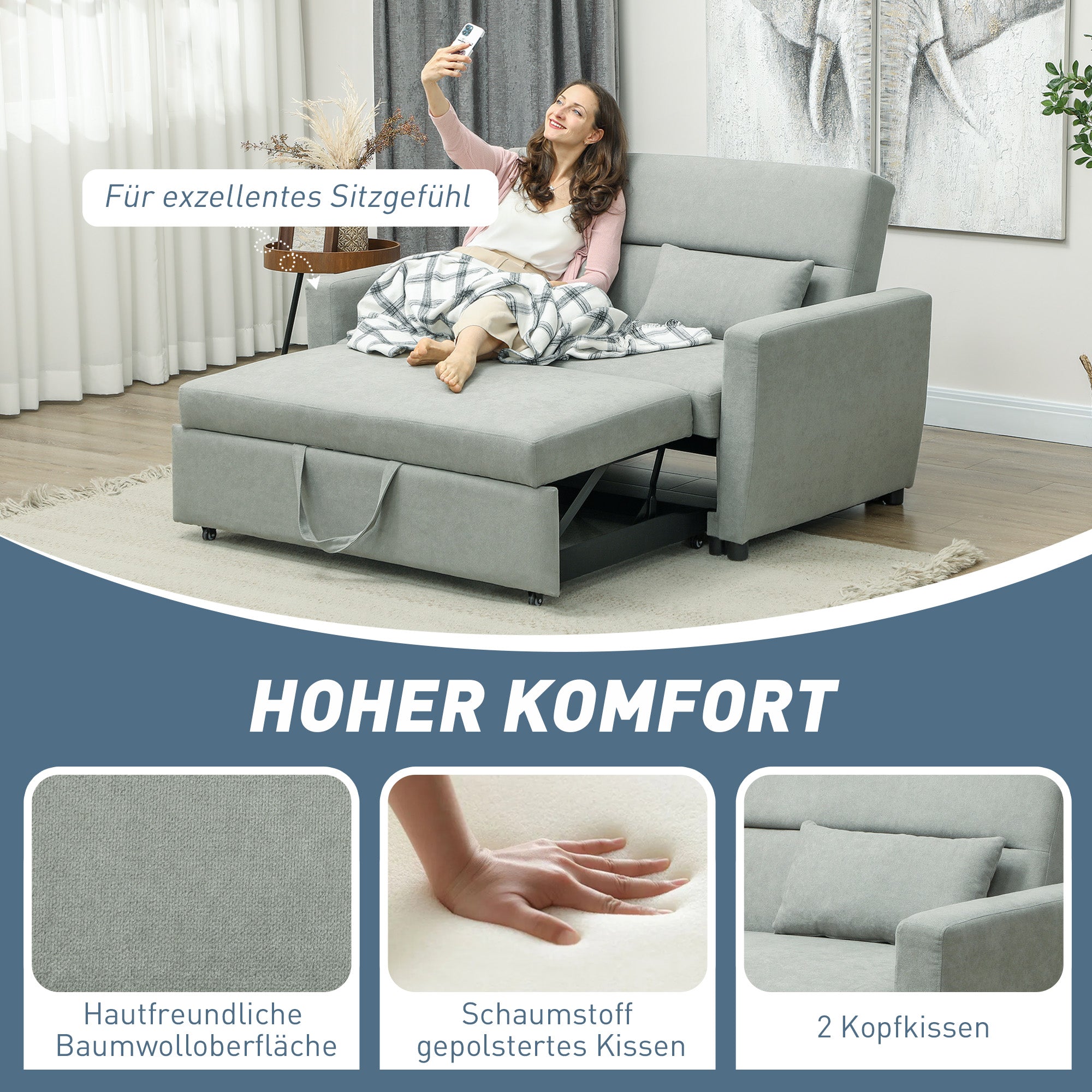 Sofa Bed, 2-Seater Sofa with Sleeping Function, Adjustable Backrest, Couch with Pillows, Velvet Look, Sleeper Sofa for Living Room, Guest Room, Light Grey