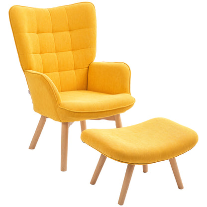 Armchair with Footstool, Wingback Chair with High Backrest, Wooden Legs, Lounge Chair with Tufted Design, Corduroy Look, for Living Room, Yellow