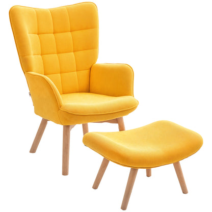 Armchair with Footstool, Wingback Chair with High Backrest, Wooden Legs, Lounge Chair with Tufted Design, Corduroy Look, for Living Room, Yellow