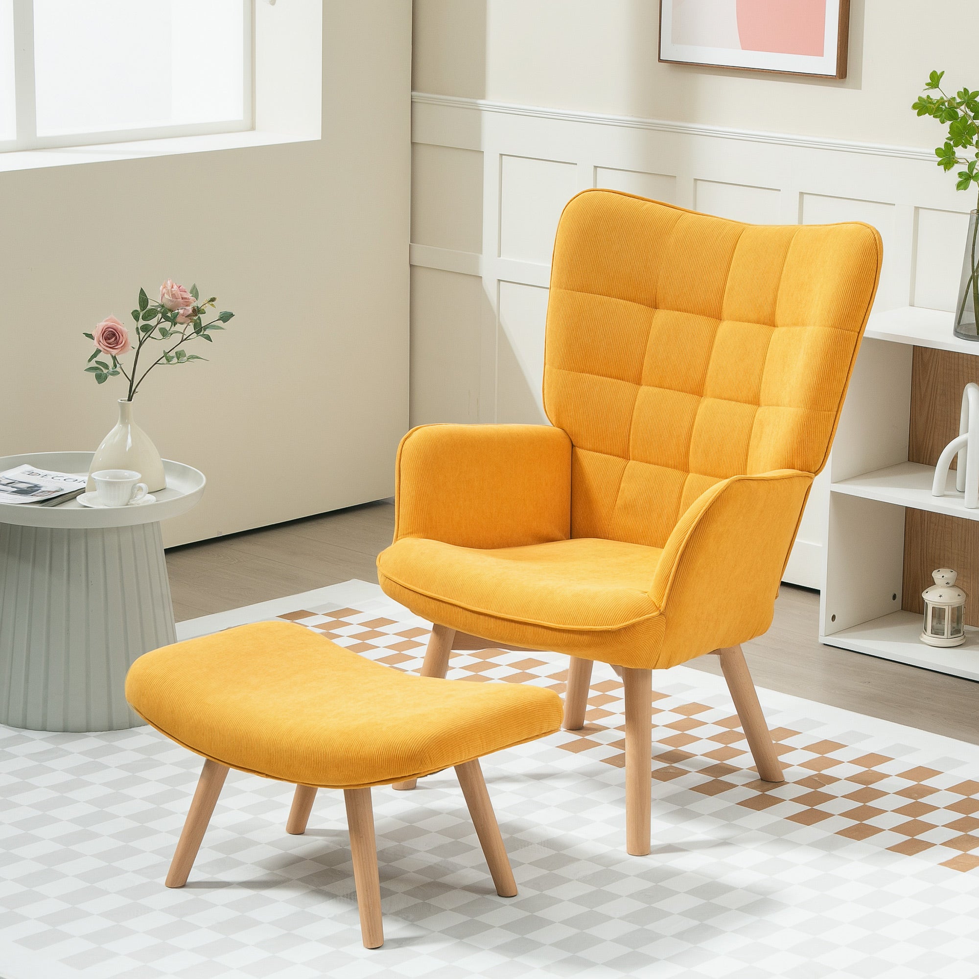 Armchair with Footstool, Wingback Chair with High Backrest, Wooden Legs, Lounge Chair with Tufted Design, Corduroy Look, for Living Room, Yellow