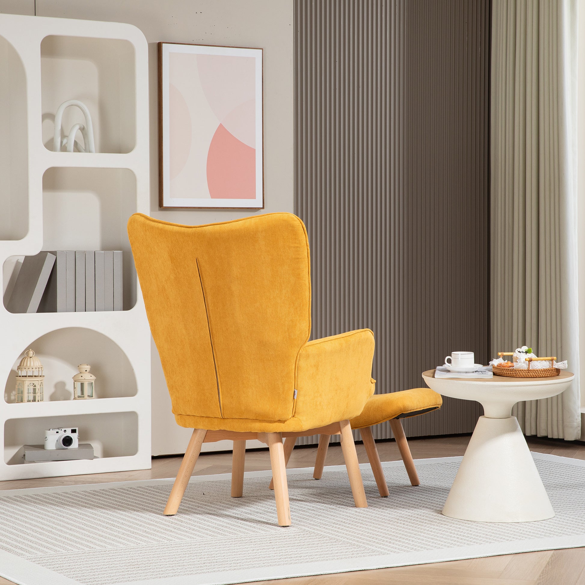 Armchair with Footstool, Wingback Chair with High Backrest, Wooden Legs, Lounge Chair with Tufted Design, Corduroy Look, for Living Room, Yellow