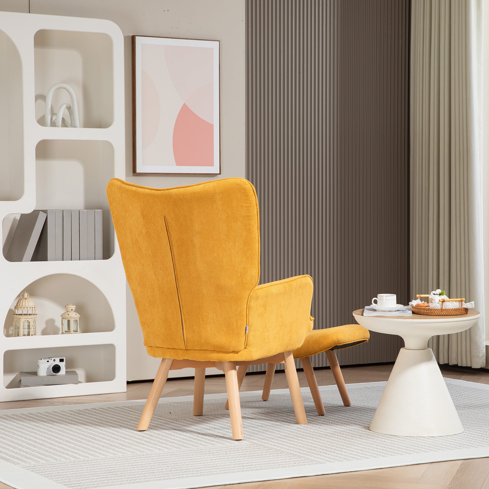 Armchair with Footstool, Wingback Chair with High Backrest, Wooden Legs, Lounge Chair with Tufted Design, Corduroy Look, for Living Room, Yellow