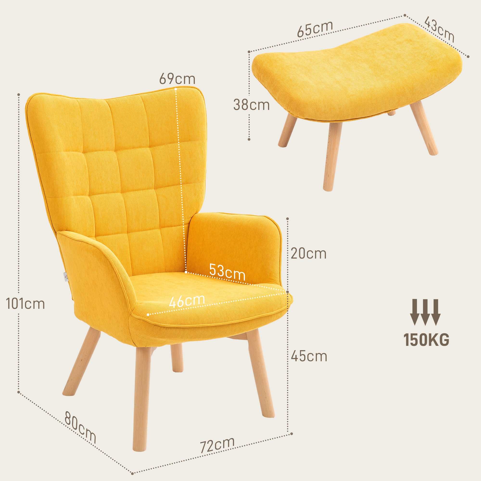 Armchair with Footstool, Wingback Chair with High Backrest, Wooden Legs, Lounge Chair with Tufted Design, Corduroy Look, for Living Room, Yellow