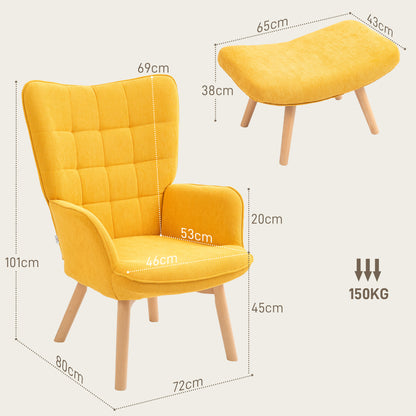 Armchair with Footstool, Wingback Chair with High Backrest, Wooden Legs, Lounge Chair with Tufted Design, Corduroy Look, for Living Room, Yellow