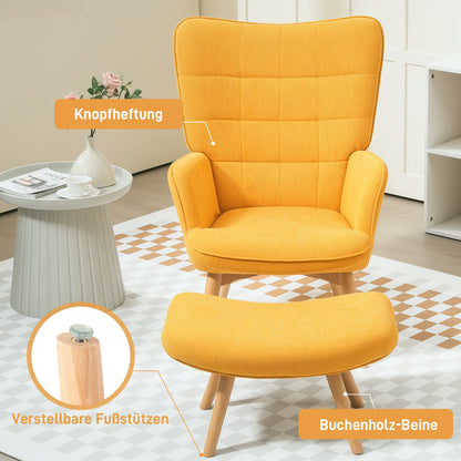 Armchair with Footstool, Wingback Chair with High Backrest, Wooden Legs, Lounge Chair with Tufted Design, Corduroy Look, for Living Room, Yellow