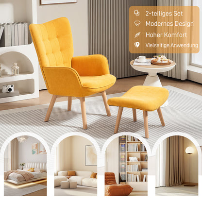 Armchair with Footstool, Wingback Chair with High Backrest, Wooden Legs, Lounge Chair with Tufted Design, Corduroy Look, for Living Room, Yellow