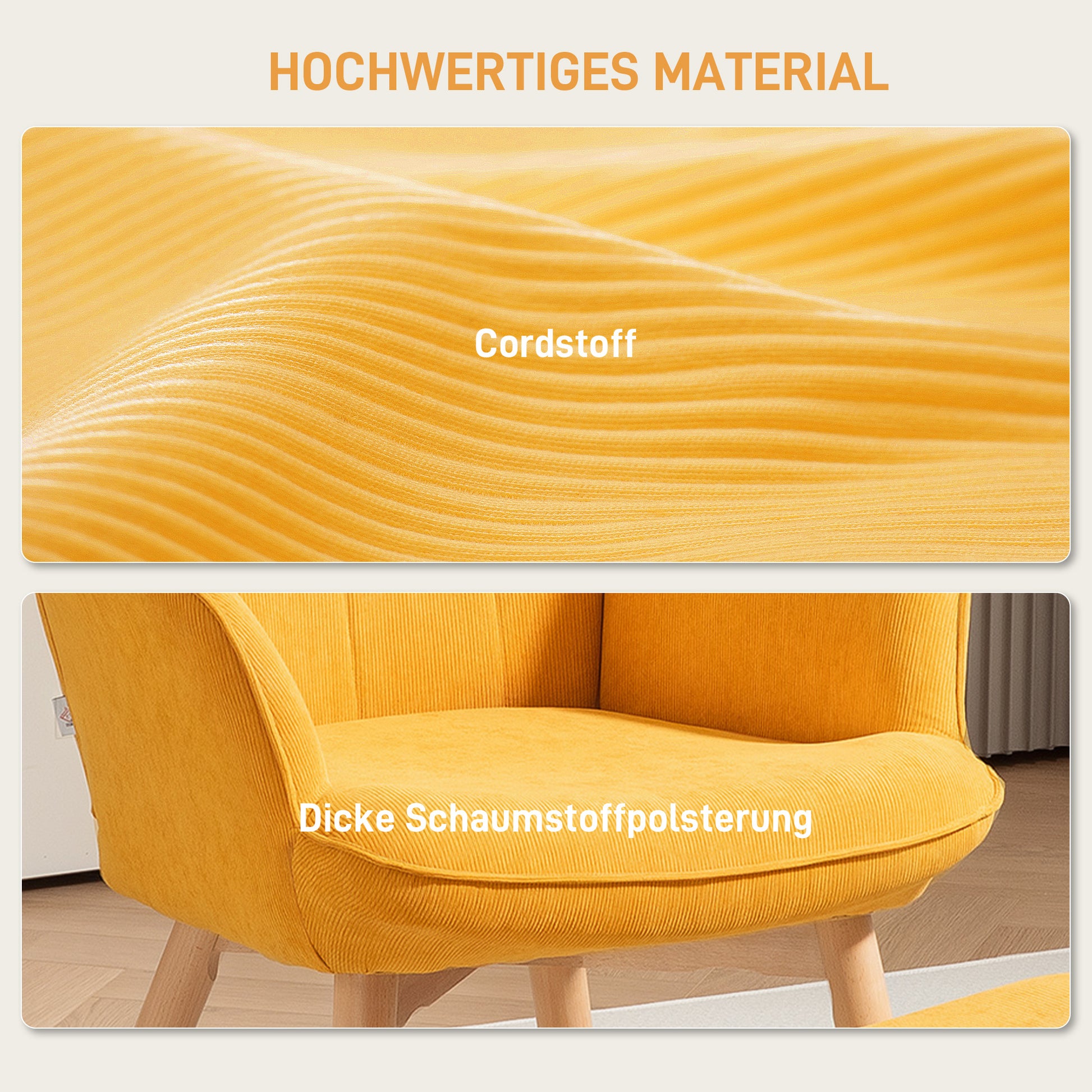 Armchair with Footstool, Wingback Chair with High Backrest, Wooden Legs, Lounge Chair with Tufted Design, Corduroy Look, for Living Room, Yellow