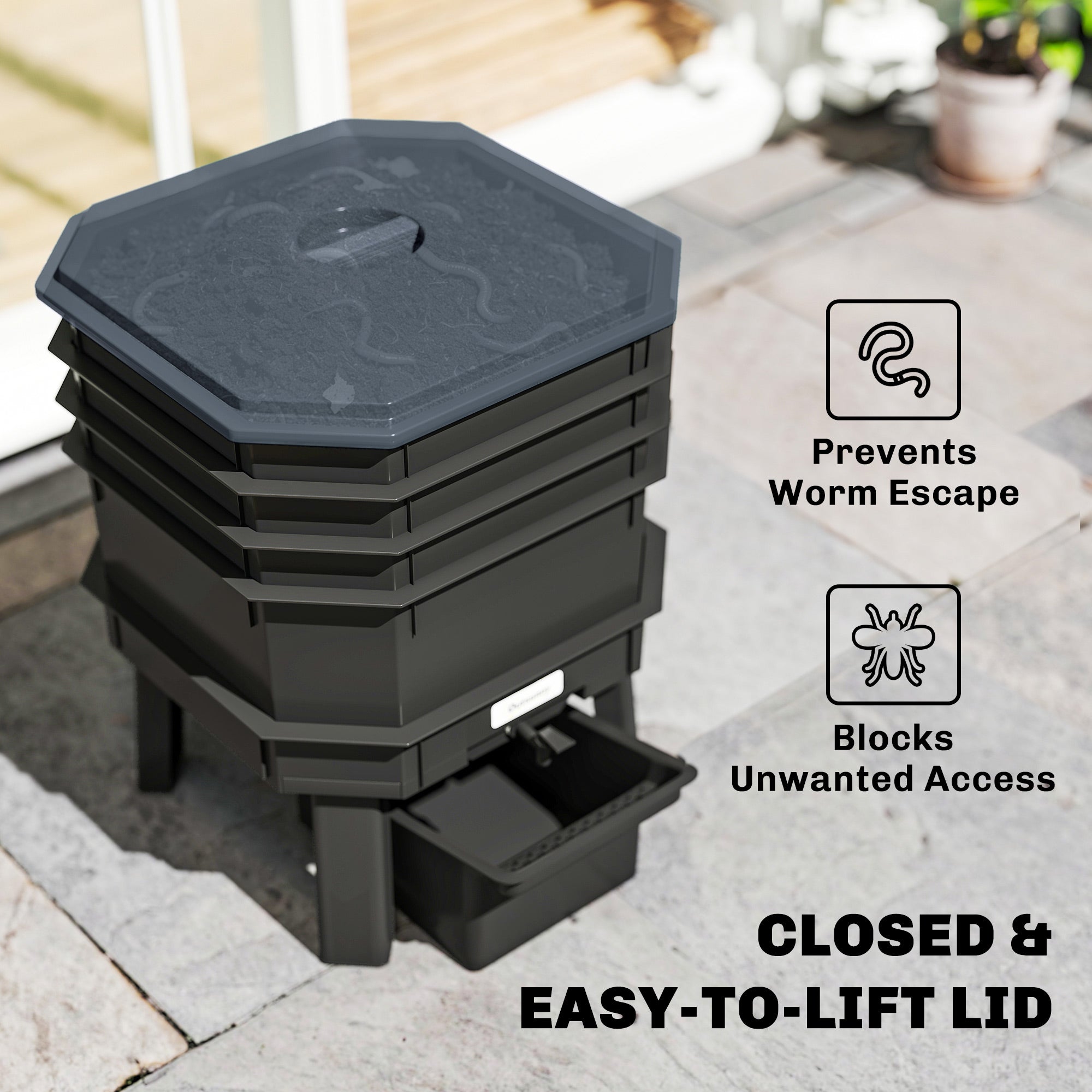 28 L (7.4 US gal) 4-Tier Worm Composter — Fast, Weather-Resistant Plastic Compost Bin for Kitchen, Balcony & Garden (39 x 39 x 51.5 cm)