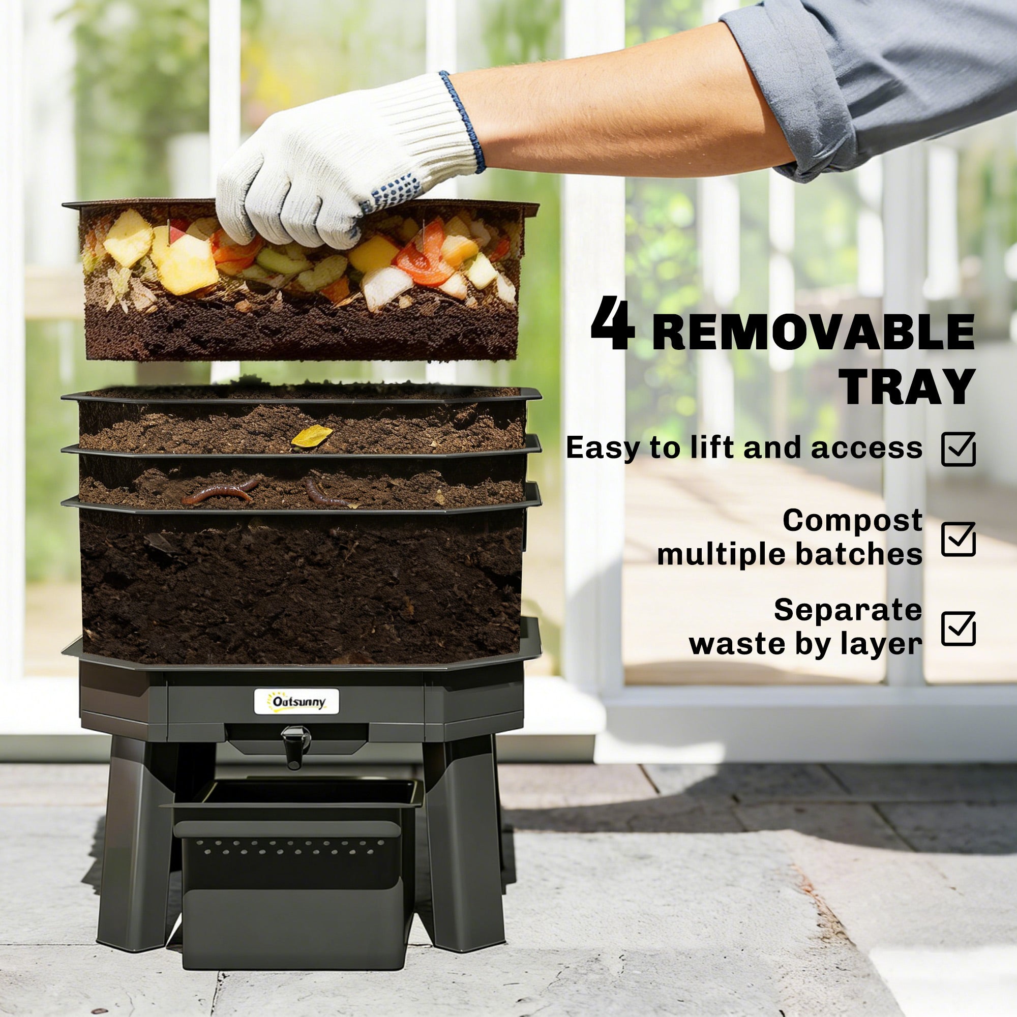 28 L (7.4 US gal) 4-Tier Worm Composter — Fast, Weather-Resistant Plastic Compost Bin for Kitchen, Balcony & Garden (39 x 39 x 51.5 cm)