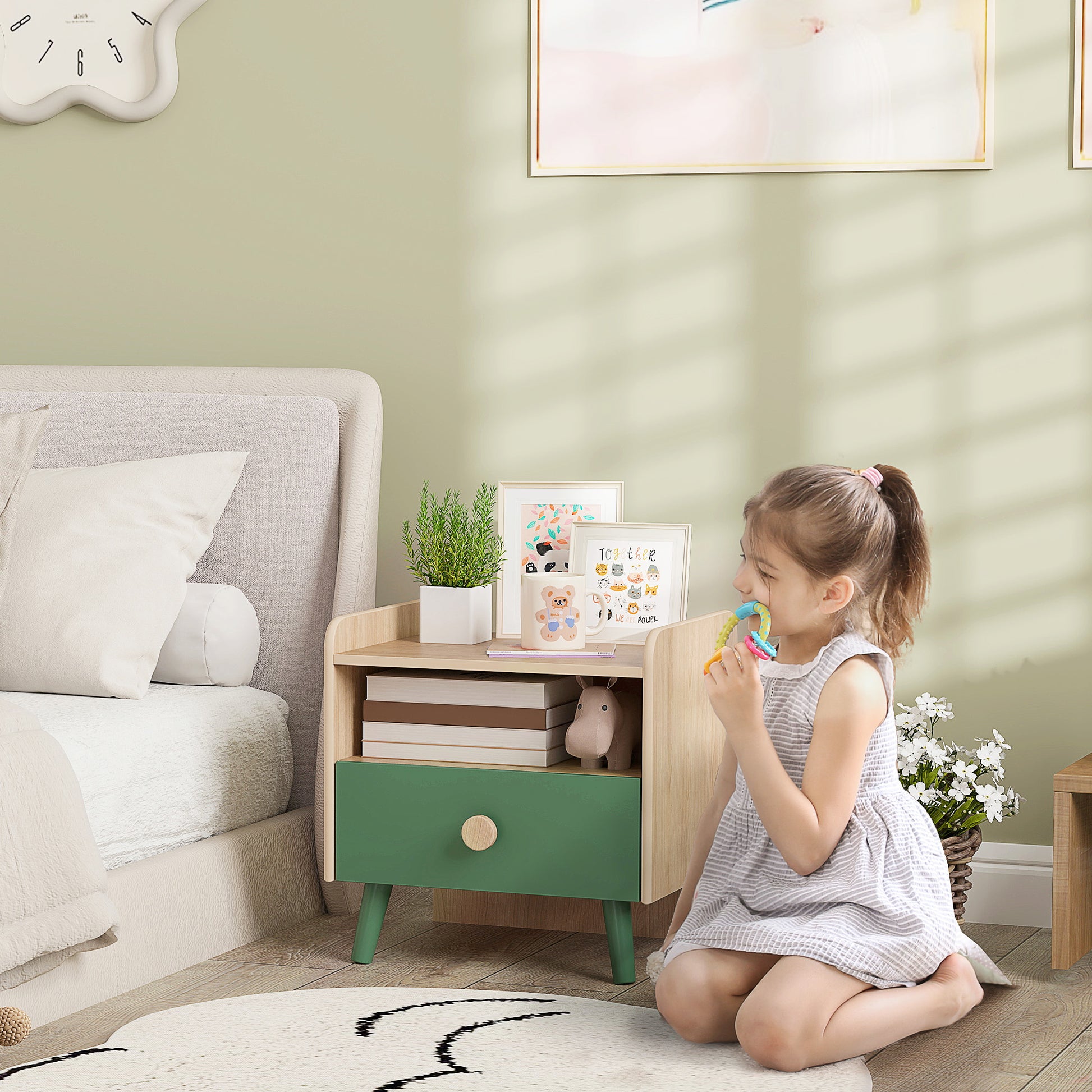 Kids Bedside Table Child Nightstand with Drawer and Storage Shelf, Small Wooden Side Table for Children's Room, 40L x 32.5W x 40H cm, Green