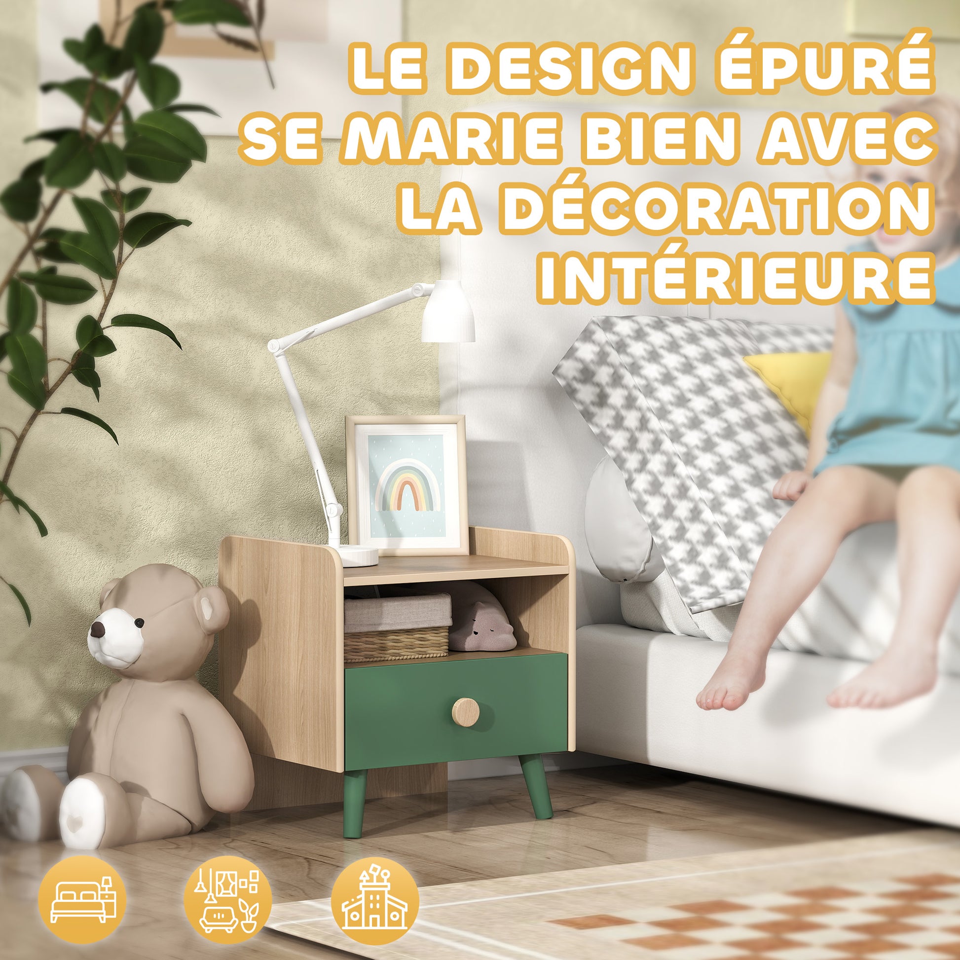 Kids Bedside Table Child Nightstand with Drawer and Storage Shelf, Small Wooden Side Table for Children's Room, 40L x 32.5W x 40H cm, Green