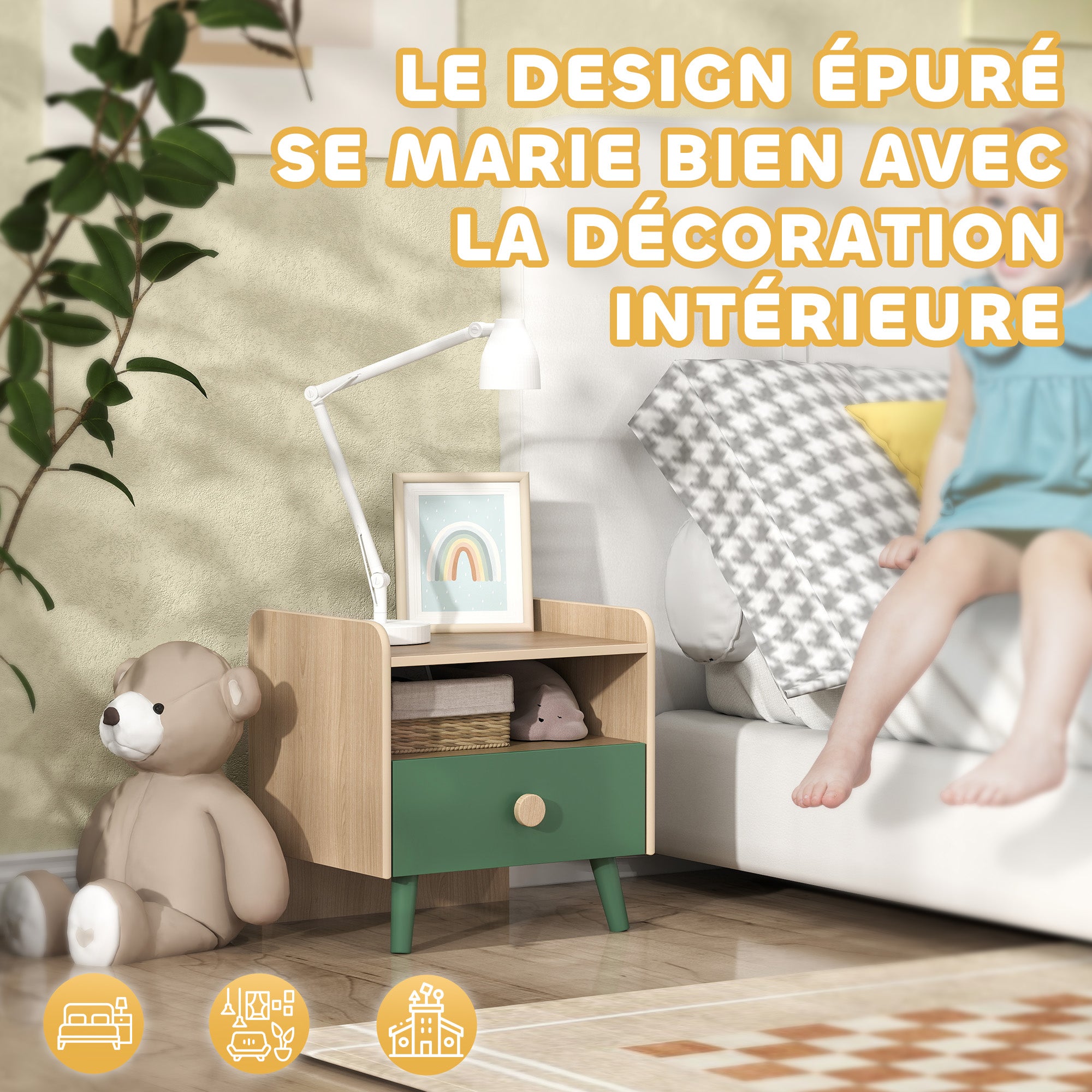 Kids Bedside Table Child Nightstand with Drawer and Storage Shelf, Small Wooden Side Table for Children's Room, 40L x 32.5W x 40H cm, Green