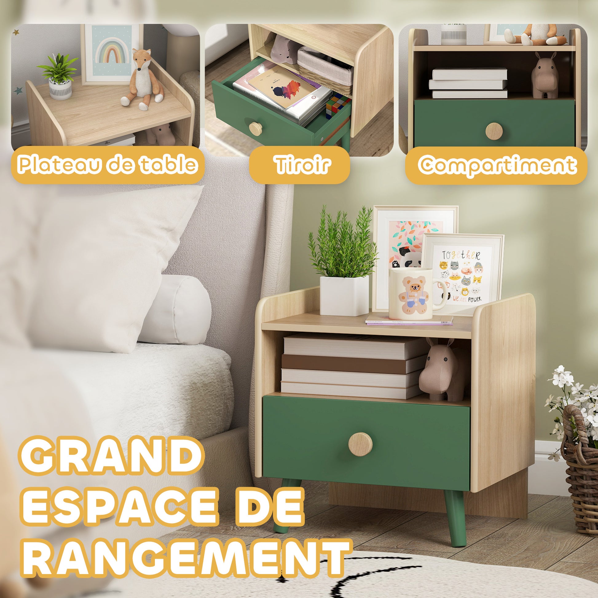 Kids Bedside Table Child Nightstand with Drawer and Storage Shelf, Small Wooden Side Table for Children's Room, 40L x 32.5W x 40H cm, Green