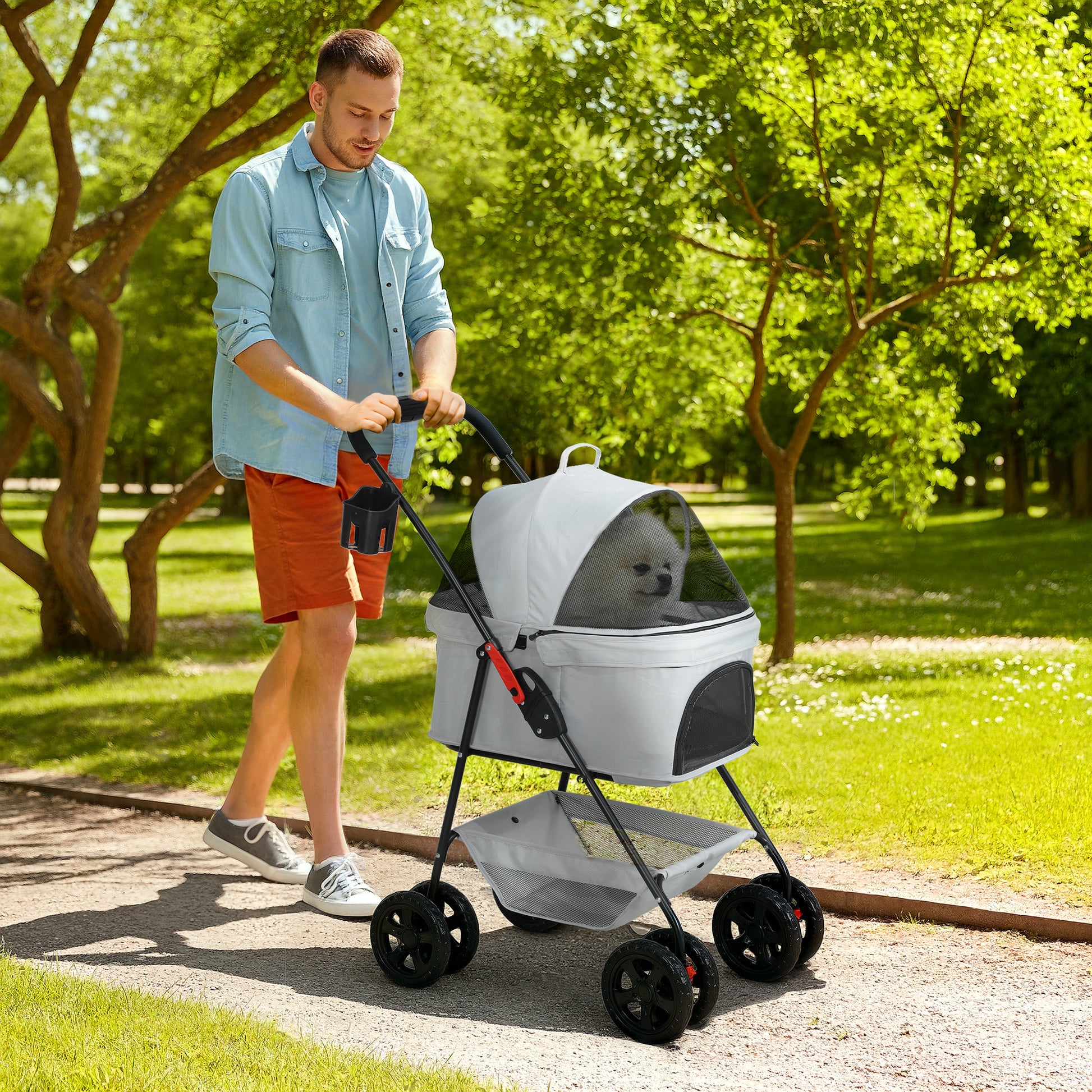Dog Stroller 3 in 1 Dog Buggy Foldable for Dogs & Cats up to 4 kg Cat Stroller with Cushion Mesh Windows Cup Holder Storage Basket Cat Wagon Buggy Light Gray