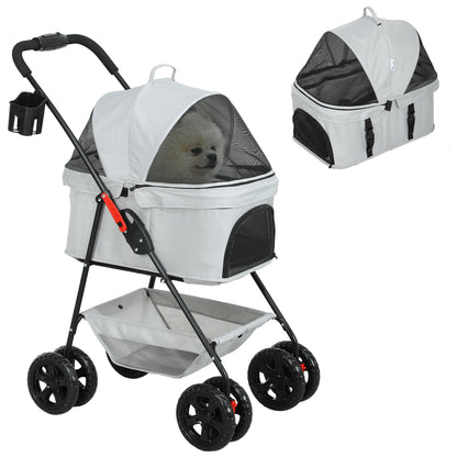 Dog Stroller 3 in 1 Dog Buggy Foldable for Dogs & Cats up to 4 kg Cat Stroller with Cushion Mesh Windows Cup Holder Storage Basket Cat Wagon Buggy Light Gray