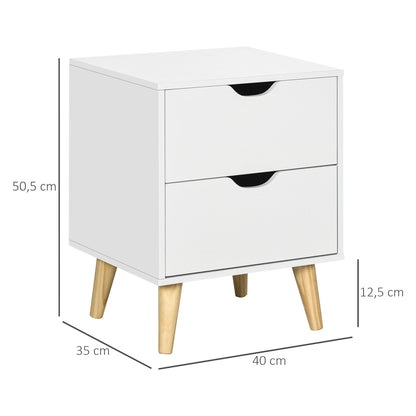 Bedside Table Nightstand with 2 Drawers, Scandinavian Style for Bedroom, Living Room, 40 x 35 x 50.5 cm, White